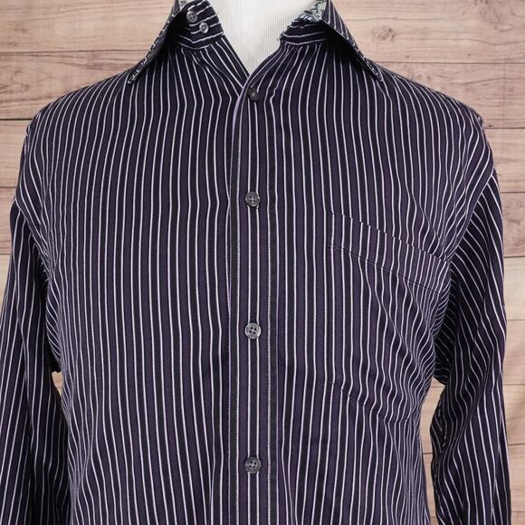 Bugatchi Uomo Shirt Mens Large Black Purple Striped Button Down Long Sleeve - Picture 1 of 9